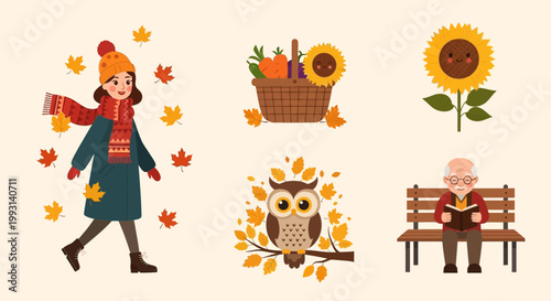 Autumn lifestyle illustration of person enjoying fall season with autumn leaves and cozy mood