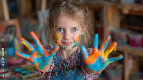 Young girl shows colorful painted hands in an art studio during afternoon creative session