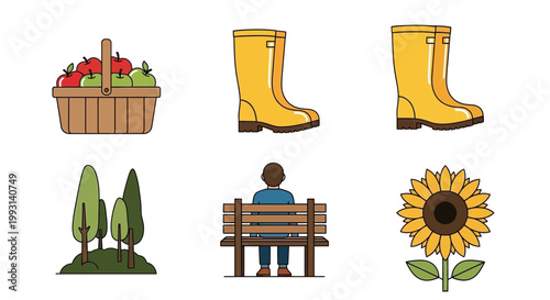 Flat design vector illustration of autumn harvest basket boots park bench and sunflower symbolizing seasonal lifestyle and outdoor activity