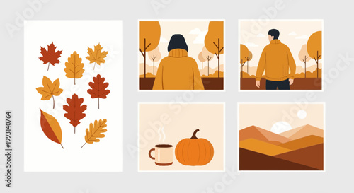 Flat design vector illustration of autumn leaves falling around a cozy autumn scene with warm sunlight and harvest lifestyle elements