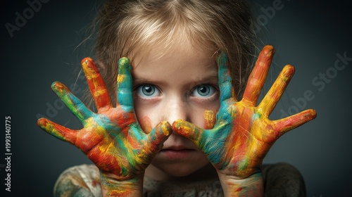 Child shows painted hands while looking at the camera in an indoor setting with colorful paint on palms