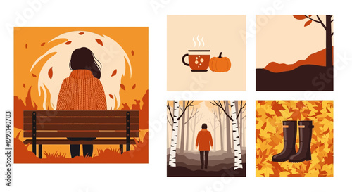 Flat design vector illustration of autumn season cozy outdoor scene with person sitting by firelight enjoying fall foliage lifestyle