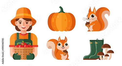 Flat design vector illustration of cute autumn harvest characters gathering pumpkins mushrooms and acorns in a warm fall lifestyle setting
