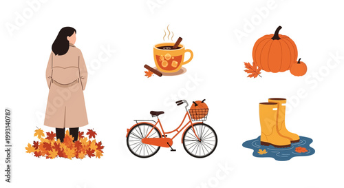 Flat design vector illustration of autumn season lifestyle elements including warm drink and fall foliage