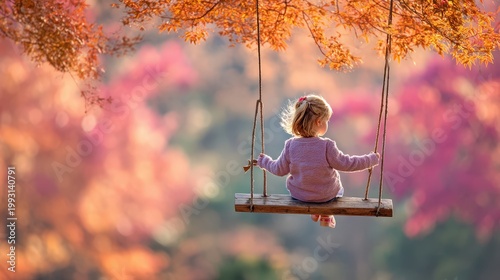 Child sits on swing under autumn leaves in a park during sunset