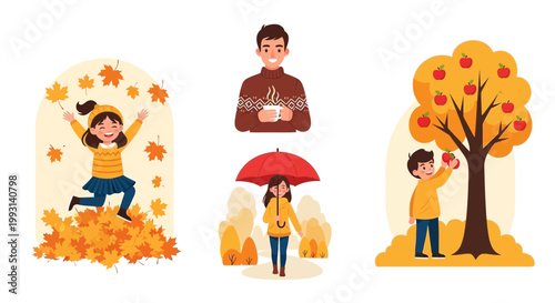 Group of children enjoying autumn season activities like playing in leaves and picking apples in a lifestyle illustration set with warm colors and joyful mood