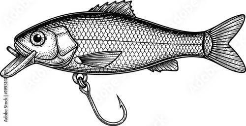 Detailed fish lure with treble hook against white background in vintage engraving style