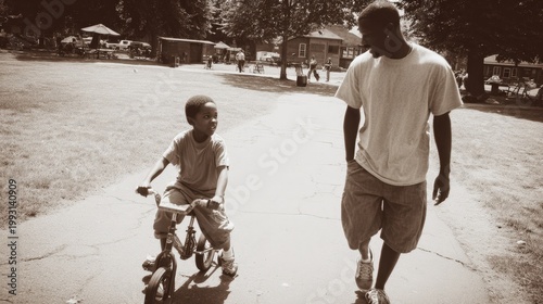 Father and son enjoy a day in the park while riding a bike near trees and playgrounds during summer