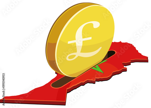 Pound sterling coin entering a Moroccan map shaped like a piggy bank representing British investment, financial savings and economic cooperation in Africa. (cut out)