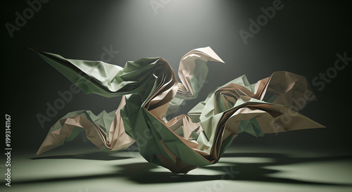 A futuristic 3D art piece of an origami bird takes center stage under a spotlight.
