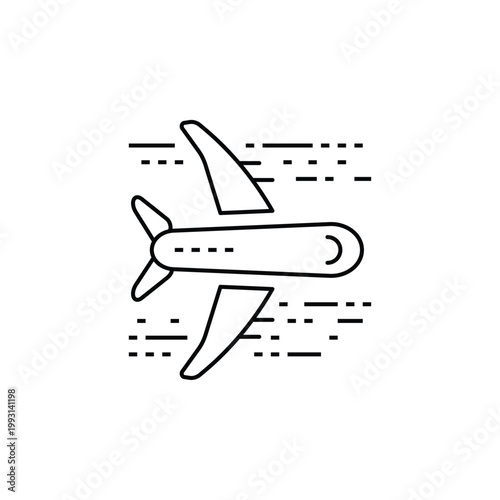 Airplane flying in the sky line icon for aviation transport, global flight routes, travel industry, and international shipping logistics services