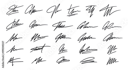 Set of diverse handwritten black signatures on a white background