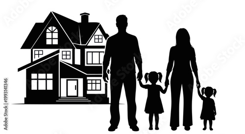Silhouette of a happy family standing in front of their new home.