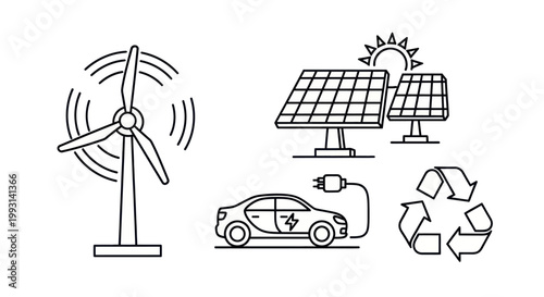 Set of renewable energy and sustainability line art icons on white background.
