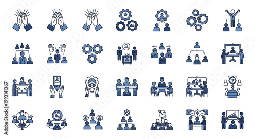 Business teamwork and professional collaboration icons set in blue and grey.