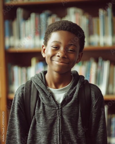 Boy stands and smiles in a library with bookshelves and various books behind him while holding a backpack