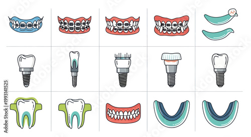 Collection of dental health icons including braces, implants, and teeth.