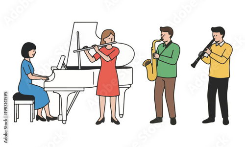 Musical band playing piano flute saxophone and clarinet