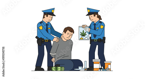 Two uniformed police officers arrest a dejected man kneeling on the ground while holding a plastic evidence bag filled with various illegal substances.