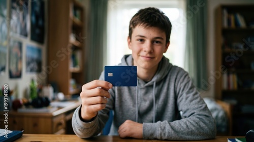 Teenager holding a credit card inside a house.