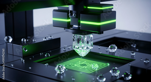 A robotic arm creates a glowing green microchip on a futuristic laboratory workbench with water droplets.