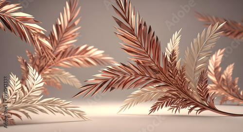 A futuristic scene showcases metallic leaves in a modern environment with innovative technology nearby indoors.