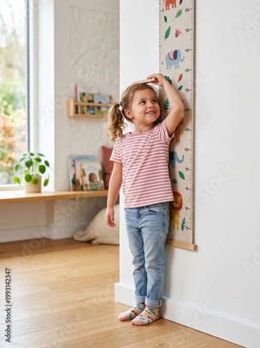A child measuring their height against the wall at home, happy with their growth and development.