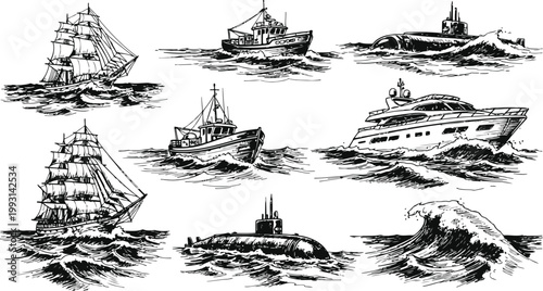 Diverse naval vessels sailing on choppy seas during a storm in a detailed ink illustration style
