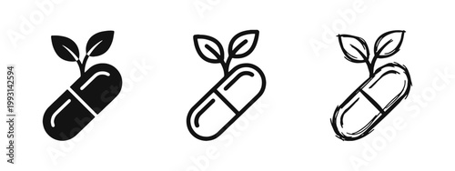 Natural Medicine Icons of Herbal Capsule with Leaves in Solid Outline and Sketch Styles