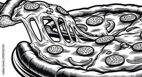 Drawn Pepperoni Pizza Slice with Stretched Mozzarella Cheese in a Woodcut Style