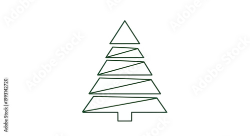 Minimalist geometric green line art Christmas tree icon on white background.