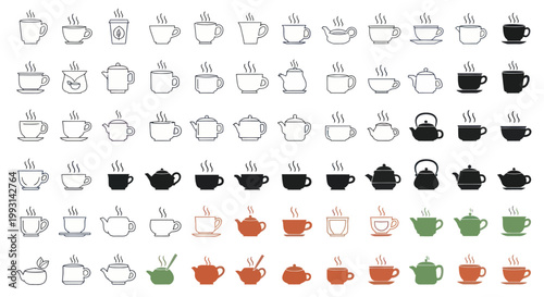 Collection of tea and coffee cup and pot icons