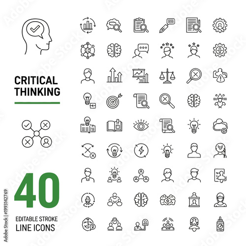 A collection of critical thinking icons depicting various business and industry concepts.