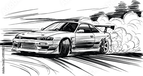 Drifting sports car with smoke during a race on a track in a sketchy illustration style