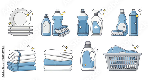 Set of clean household items and cleaning supplies