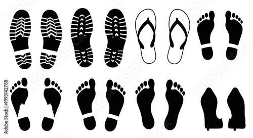 Collection of different footprints and shoe prints