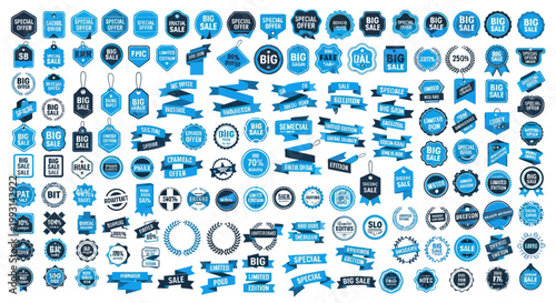 Collection of blue promotional sale and offer labels, badges, and ribbons.