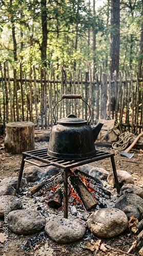 Rustic Campfire Cooking Kettle Over Glowing Embers in a Sun Dappled Forest Clearing with Wooden Fence Background