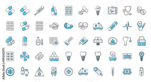 Medical and healthcare icons collection with pills, ambulance, and dentist symbols.