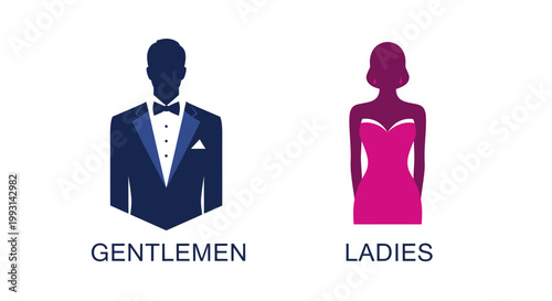 Silhouettes of a man in a tuxedo and a woman in a dress with labels.