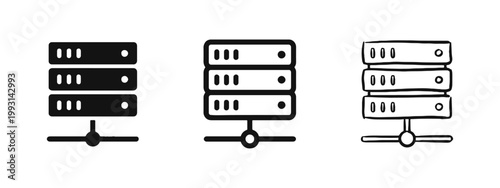 Database Server and Networking Icons in Solid Outline and Hand Drawn Versions