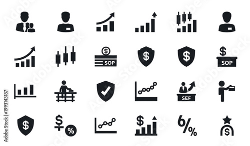 Investment solid icon set with investor mutual fund asset risk management and financial growth symbols isolated on white