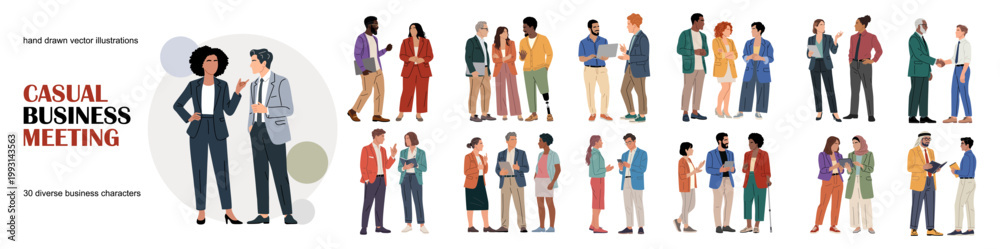 Fototapeta premium Casual business meeting scenes with diverse professionals. Informal workplace communication, teamwork, networking and discussion in modern hand drawn vector style.