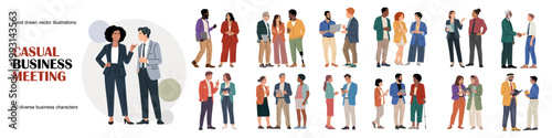 Casual business meeting scenes with diverse professionals. Informal workplace communication, teamwork, networking and discussion in modern hand drawn vector style.