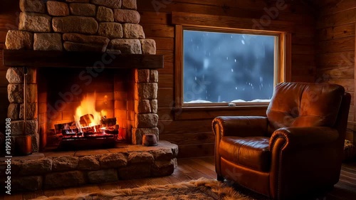 Cozy living room interior with a burning fireplace and a window showing snowy winter forest