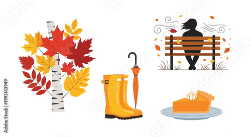Autumn leaves and boots symbolize seasonal change and outdoor lifestyle activities on a transparent background