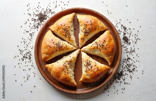 Triangle sliced baked pastries with sesame seeds arranged on wooden plate. Freshly baked bread slices with golden crust ready for meal time. Top view.