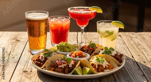 Tequila tasting with tacos, guacamole, pico de gallo, beer, cocktails, and lime wedges on rustic wooden table.