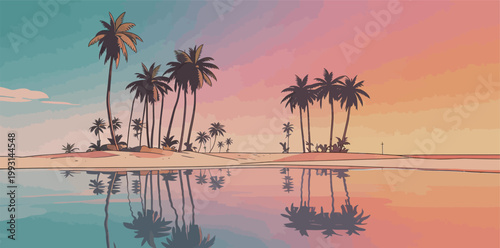Palm Trees on Tropical Island with Reflections