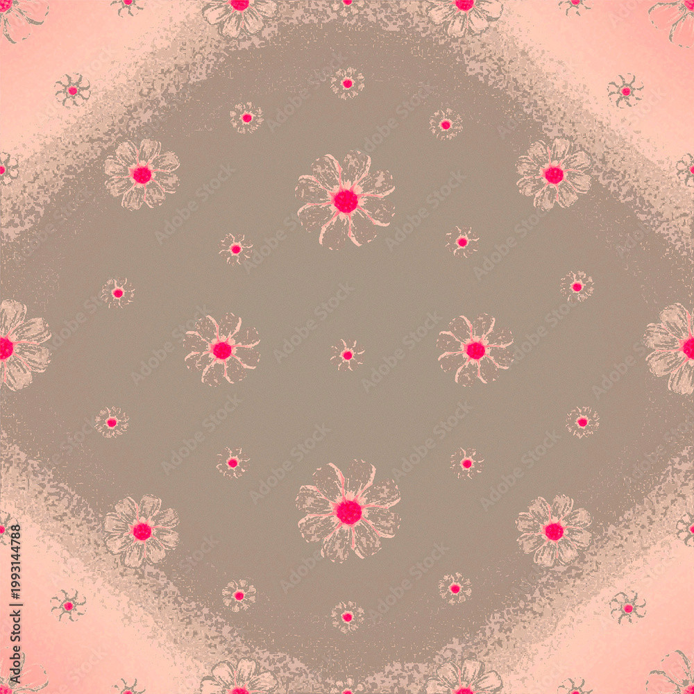 Fototapeta premium Vintage Pink and Clay Floral Pattern with Symmetrical Daisy Motifs and Grainy Gradient Texture, Illustration